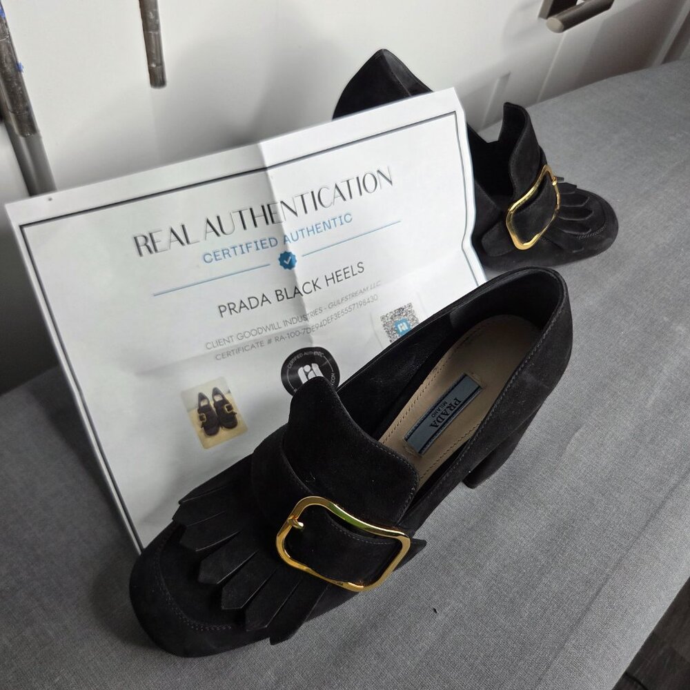 Women's Prada Black Suede Madras Fringe Buckle Slip-On with COA - EU Size 38.5 - Picture 11 of 12